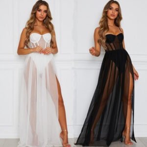 Sheer Mesh Long Lingerie Gown Set - Two-Piece Nightdress with Briefs