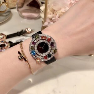 12991346169_586131340 BVLGARI Coloured Stone Bezel Quartz Watch - Slim Leather Strap