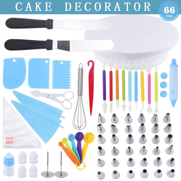 66-Piece Cake Decorating Tool Set - Piping Nozzles, Bags and Turntable