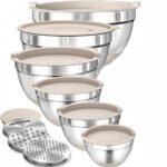 Stainless Steel Mixing and Salad Bowl Set - Non-Slip Silicone Base with Lids and Graters