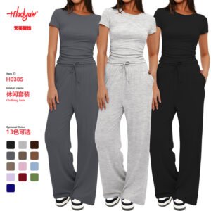 Solid Color Long-Sleeve Top & High-Waisted Wide-Leg Pants Set