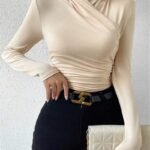 Cross-Front Ruched T-Shirt - Slim Fit Long Sleeve Top