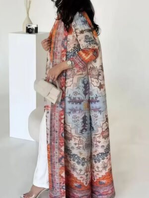 Floral Print Stand-Collar Long Cardigan Robe — Turkish Style