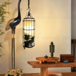 Chinoiserie Iron Cage Floor Lamp - Antique Crane & Flower Lantern