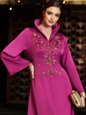 3060 Luxury Rose Powder Long Dress with Vertical Collar Design Flare Sleeve Rhinestone Embroidered Dress