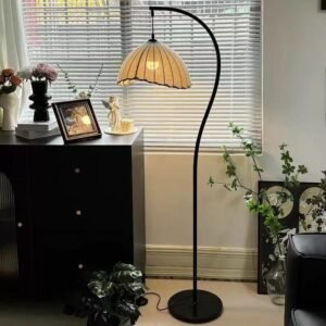 Retro S-Shaped Crescent Floor Lamp - Wabi-Sabi Fabric Shade