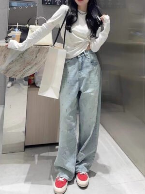 Rhinestone-Trim Straight Leg Jeans - Loose Wide Leg, Women's