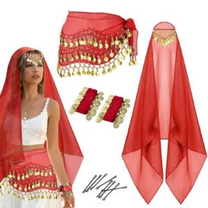 Belly Dance Performance Costume Set - Headpiece, Veil, Waist Chain & Bracelets
