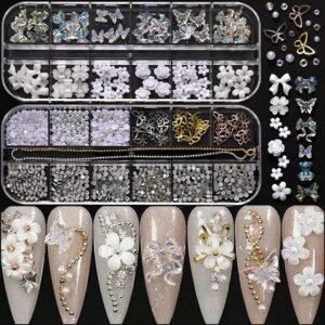 12-Compartment Resin Flower & Pearl Nail Art Decorations - Gold/Silver Butterfly & 3D Flower Charms