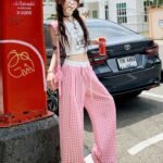 Plaid Wide-Leg Ice Silk Pants - Loose Drape Straight-Leg Trousers
