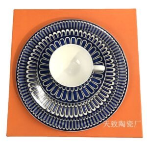HERMES Blue Print Bone China Coffee Cup & Saucer Set - Gift Boxed