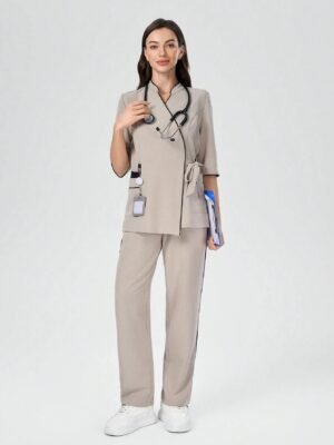 Contrast Color Half-Sleeve V-Neck Scrub Suit - Beauty Salon & Dental Work Uniform