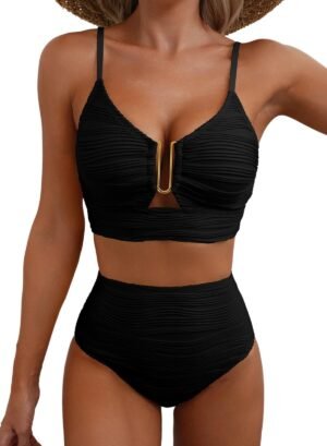 V-Neck Hollow-Out Pleated Bikini - High-Waist Swimsuit