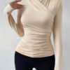 Cross-Front Ruched T-Shirt - Slim Fit Long Sleeve Top