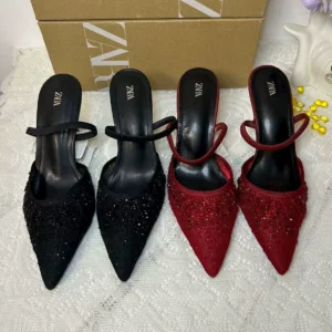 ZARA Mesh Rhinestone Pointed-Toe Slingback Heels