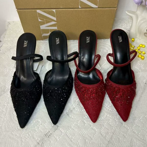 ZARA Mesh Rhinestone Pointed-Toe Slingback Heels