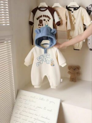 Baby Boy Hooded Jumpsuit - Autumn Cartoon Outing Outfit