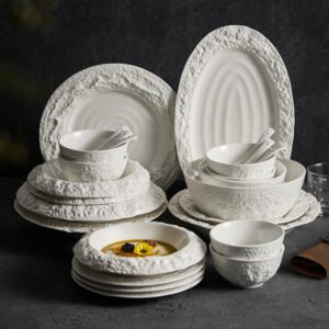 Rock Pattern Ceramic Dinnerware Set - Luxury White Porcelain Tableware
