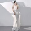 White/Apricot Silver Sequin Mermaid Halter Evening Gown