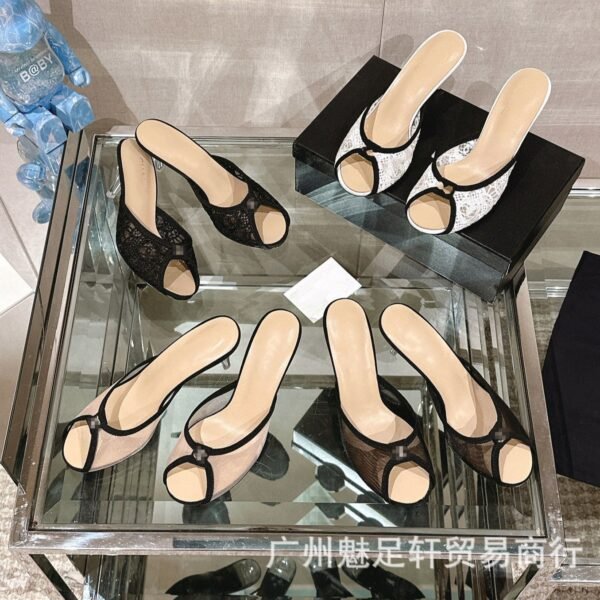 CHANEL Crystal Lace Mesh Heeled Mules - Peep-Toe Sandals