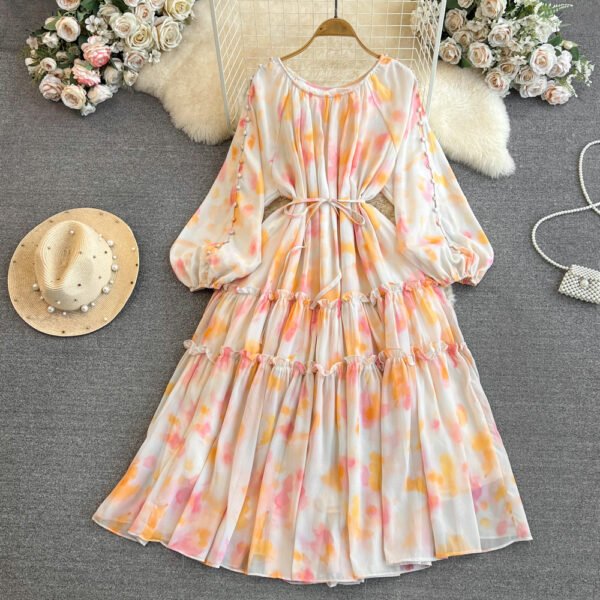 A-Line Printed Midi Dress - Long Sleeve, Low Crewneck