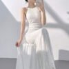 White/Apricot Silver Sequin Mermaid Halter Evening Gown