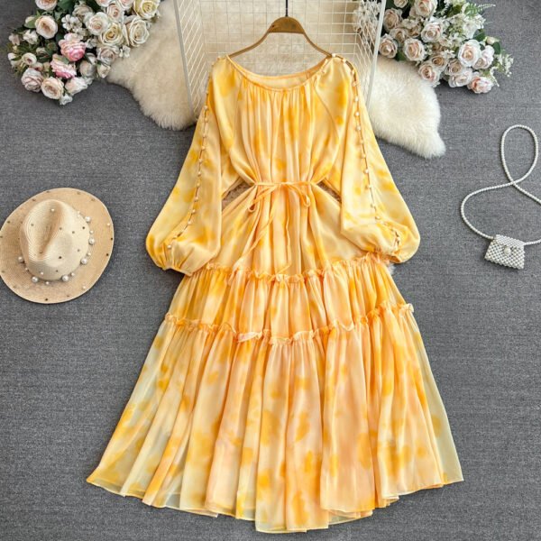 A-Line Printed Midi Dress - Long Sleeve, Low Crewneck