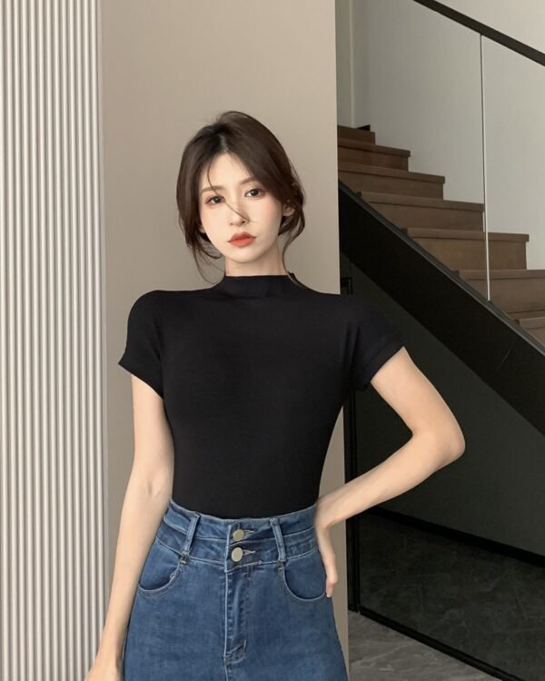 O1CN01DBAv9f2JUhkFvms9M_2204599425-0-cib Mock Neck Short Sleeve T-Shirt - Fitted Ribbed Knit Top for Women