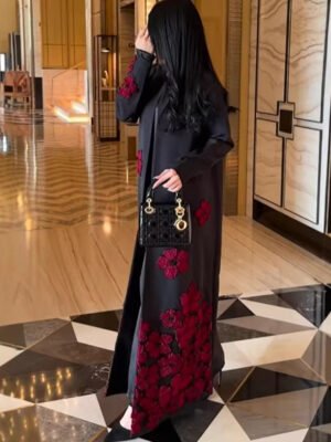 Black Abaya with Red Floral Embroidery — Full-Length Modest Dress
