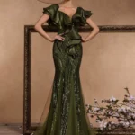 Ruffle-Sleeve Sequin Mermaid Evening Gown