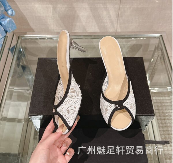 CHANEL Crystal Lace Mesh Heeled Mules - Peep-Toe Sandals