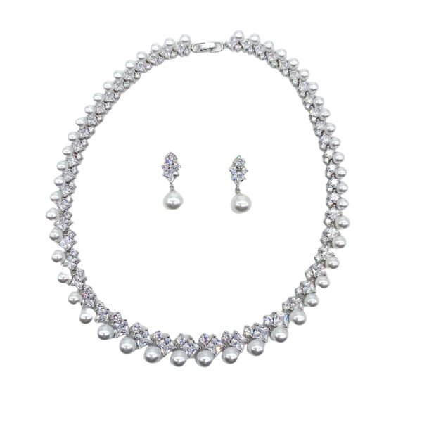 Pearl Necklace & Geometric Earrings Set - Bridal Jewellery