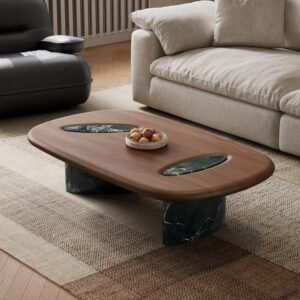 Medieval-Style Marble Coffee Table with Walnut Veneer Base