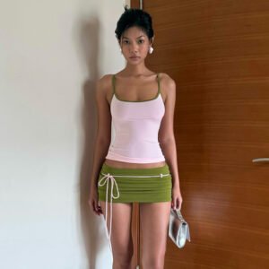Colour-Block Crop Top and Tie-Waist Mini Skirt Set – Spring and Summer Casual Two-Piece