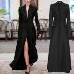 Black Suit-Collar Long Windbreaker Coat for Women