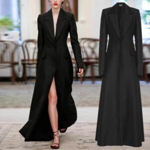 Black Suit-Collar Long Windbreaker Coat for Women