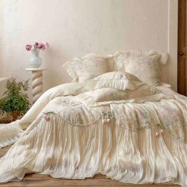 French Lace-Trim Long-Staple Cotton Bedding Set