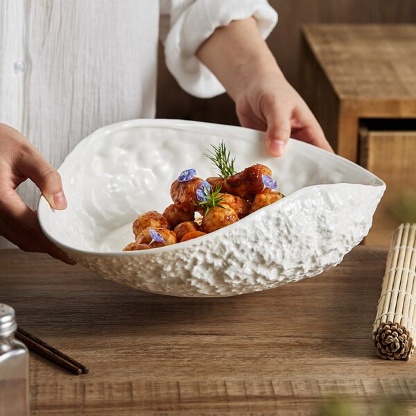 Stone-Texture Shell Serving Plate - Deep Ceramic Fish & Soup Platter