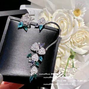 Camellia Zircon Drop Earrings - Asymmetric Stud and Ear Cuff Set