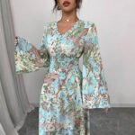 Bell-Sleeve V-Neck A-Line Evening Gown — Floral Print