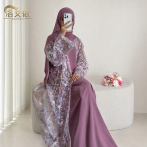 Chinese-Style Three-Piece Set: Cardigan, Dress & Headscarf