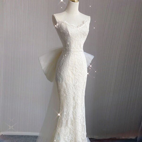 French Lace Strapless Mermaid Wedding Dress with Detachable Overskirt
