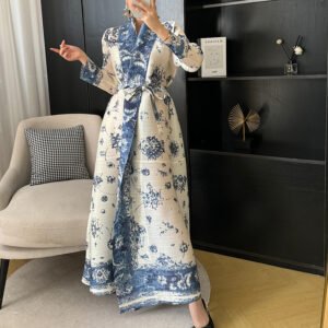 Manteau plissé imprimé porcelaine bleu et blanc - Manches longues, taille unique