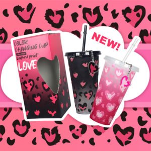Leopard Print Heart Pendant Color-Changing Straw Cup - 2-Piece Gift Set