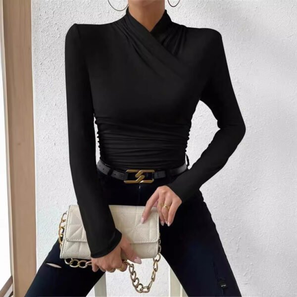 Cross-Front Ruched T-Shirt - Slim Fit Long Sleeve Top