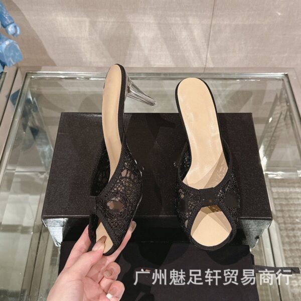 CHANEL Crystal Lace Mesh Heeled Mules - Peep-Toe Sandals