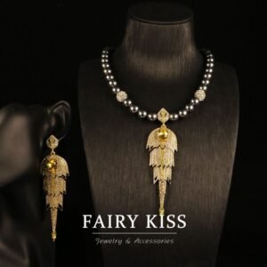 Enamel & Pearl Drop Jewellery - Pave Rhinestone Necklace and Earrings