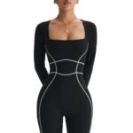 Long Sleeve Yoga Jumpsuit — Colour Block Flared Leg One Piece