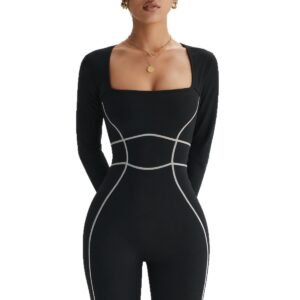 Long Sleeve Yoga Jumpsuit — Colour Block Flared Leg One Piece