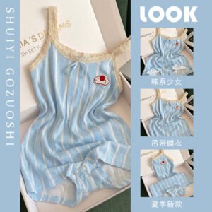 Blue Striped Cami Pajama Set - Cartoon Print Loungewear